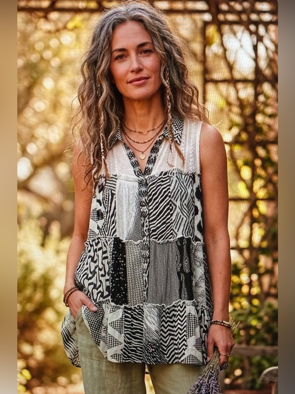 Young Threads Sleeveless Mixed Pattern Tunic Top - Black & White